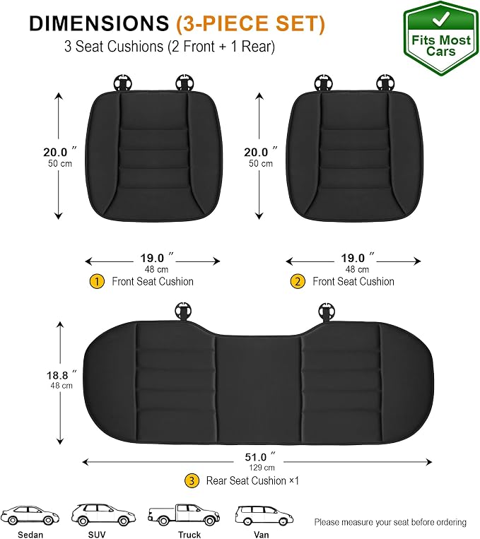 3-Piece Car Seat Cushion Set, 1.2inch Memory Foam Comfort, 2 Front Automotive Seat Cushions + Rear Bench Cushion, Non-Slip Bottom, Fits Sedan SUV Truck Van, Car & Office Chair, Black