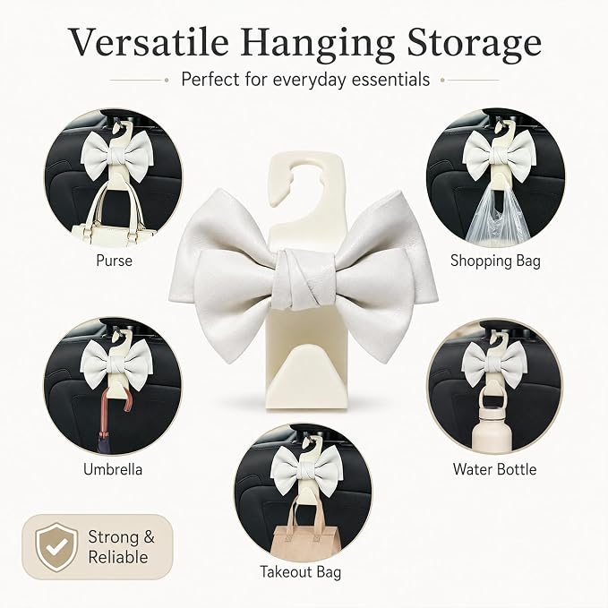 2 Pack Car Purse Hooks, Cute Bow Car Seat Headrest Hook Hanger for Purses and Bags, Space-Saving Car Accessory (Cream white)