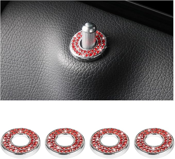 4 Pcs Bling Car Inner Door Lock Covers, Crystal Pull Rod Bolt Stickers, Sparkly Rhinestones Auto Door Bolt Decorations, Vehicle Lock Pin Cap Decors for C Class C200L GLC260 C260L (Red)