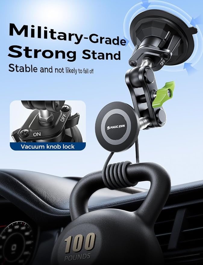 Magnetic Car Phone Holder [Strong Suction&Strong Magnetic] 360° Adjustable Car Phone Mount for Windshield, Ultra-Durable Metal, Suction Cup Car Phone Mount for iPhone Samsung All Smartphone