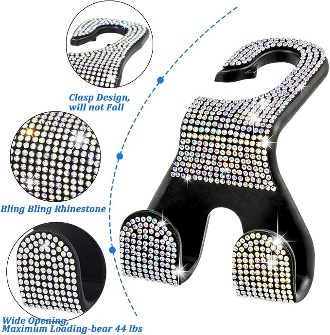 Car Headrest Hooks Bling, 2 in 1 Purse Hook for Car Seat Hooks Rhinestone Purse Hangers Holder Universal Bag Hooks Bling Car Accessories for Women 2pcs, AB Bling