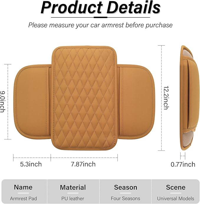 Car Center Console Cover, Upgraded Leather Car Armrest Cushion with 2 Storage Pockets, Universal Waterproof Cushion Pad, Non-Slip Car Interior Accessories, Fits Most Sedans SUVs Trucks (Orange)