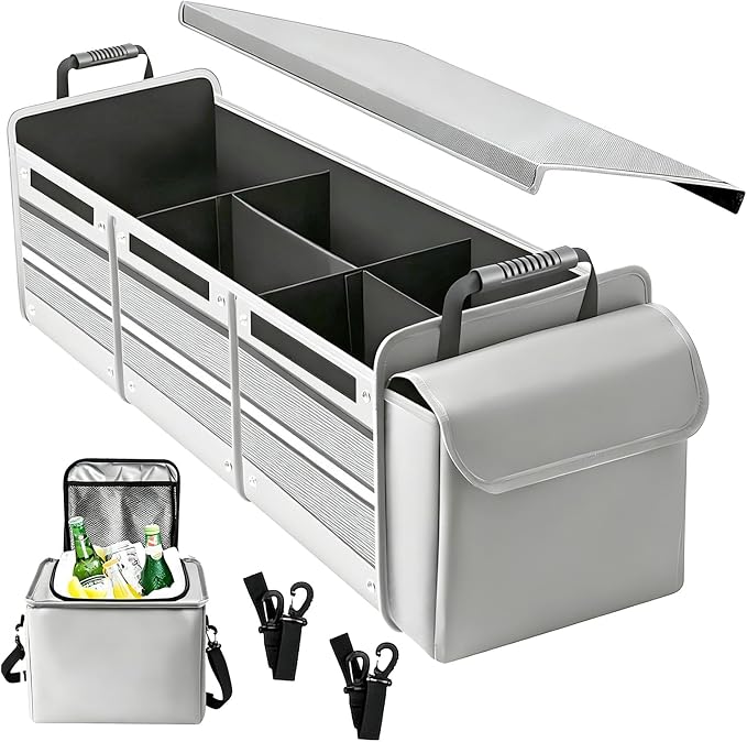 Car Trunk Organizer with Removable Cooler Bag - Collapsible Multi-Compartment Storage for SUV Truck Groceries Camping, Durable Nylon Auto Cargo Organizer (Gray)