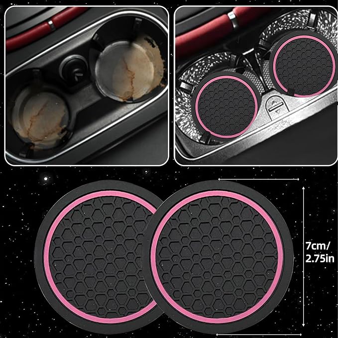 6 Pcs Pink Car Accessories Set, Sport Leather Steering Wheel Cover 14.5-15inch Universal, Microfiber Leather Car Center Console Cover, Seat Belt Cushion, Cup Holder Coaster (Black-Pink)