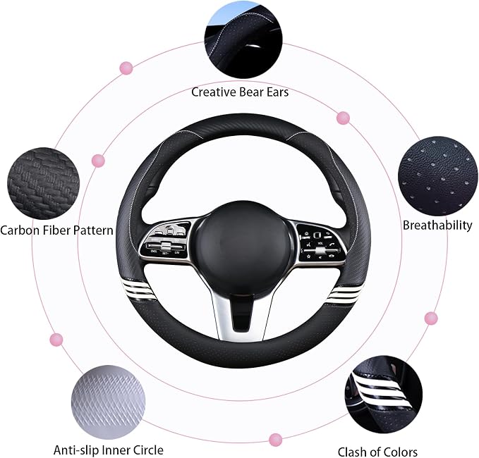 Cute Steering Wheel Cover for Women Men Leather Universal 15 inch,Black