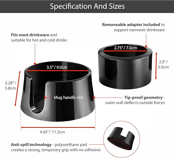 TableCoaster - Original Anti-Spill Table and Desk Cup Holder, Jet Black - RV and Boat Drink Holder, A Tip-Proof Coaster with Tacky Base and Walled Profile to Prevent Spilled Drinks