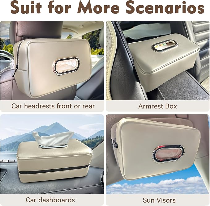 Upgraded Large Car Tissue Holder Premium PU Leather Tissues Box Cover Backseat Rectangular Napkin Holder for Car Fits for 120 Standard Kleenex Tissues Box for Car Organization Accessories Beige