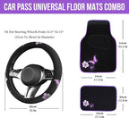 Butterfly Steering Wheel Cover and Waterproof Car Floor Mats,Purple Car Mats 14.5-15inch Steering Wheel Covers Universal Fit for Suvs,Sedans Cars,for Women Girl(Black and Purple)