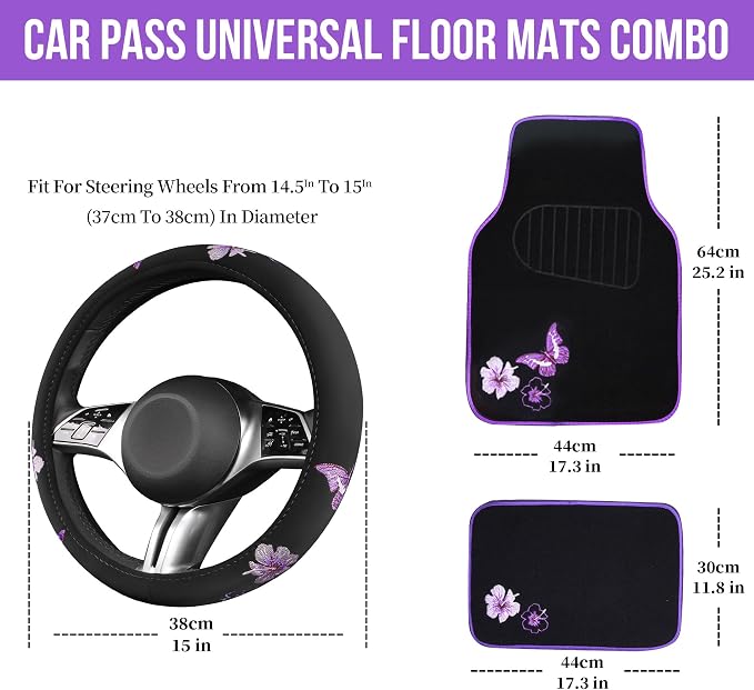 Butterfly Steering Wheel Cover and Waterproof Car Floor Mats,Purple Car Mats 14.5-15inch Steering Wheel Covers Universal Fit for Suvs,Sedans Cars,for Women Girl(Black and Purple)