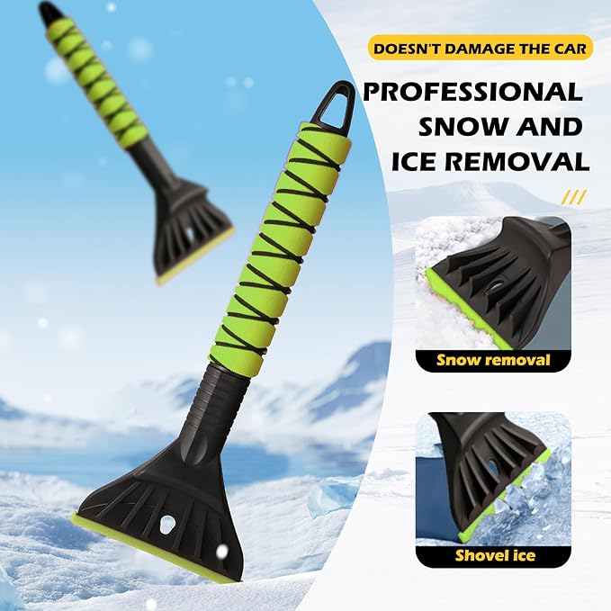 Professional Ice Scraper and Snow Brush for Cars, 2-in-1 Winter Snow Removal Tool with Ergonomic Foam Grip, ABS Ice Chopper for Windshield, Window, and Vehicle Snow Cleanup (Green 2PC)