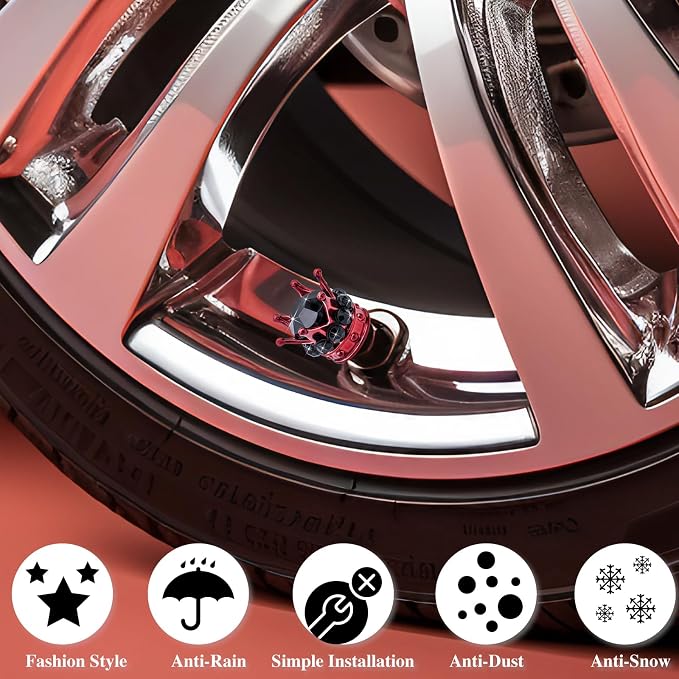 4PCS Crown Bling Tire Stem Valve Caps, Crystal Diamond Car Wheel Tire Valve Caps Universal Copper Core Stem Covers for Cars, SUV, Trucks, Bikes, Motorcycles, Bicycles (Red & Black)