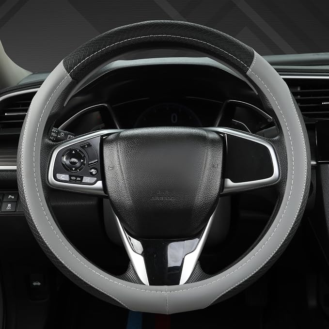 Customized Auto Car Steering Wheel Cover for Honda Accord Civic CR-V HR-V Pilot Fit Passport Odyssey 14.5-15inch(Black+Gray-Standard Size)