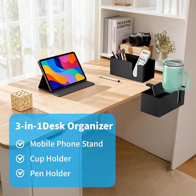 3-in-1 Desk Organizer - Large Desk Cup Holder Clamp, Pencil Holder and Phone Stand - Detachable Anti-Spill Table Cup Holder, Office & PC Gaming Desk Accessories for Cup, Phone and Pen (Black)