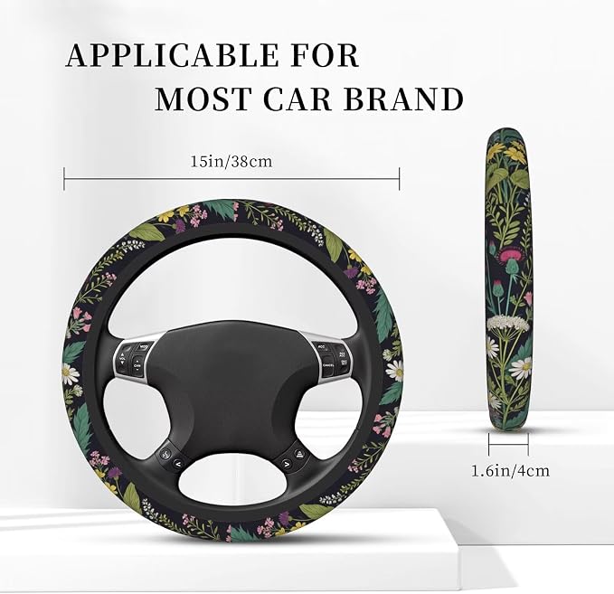 Wildflower Car Steering Wheel Cover Flowers Wildflower Steering Wheel Cover for Women Cute Anti-Slip Universal Breathable 14-15-in 2 Car Cup Coasters for Women