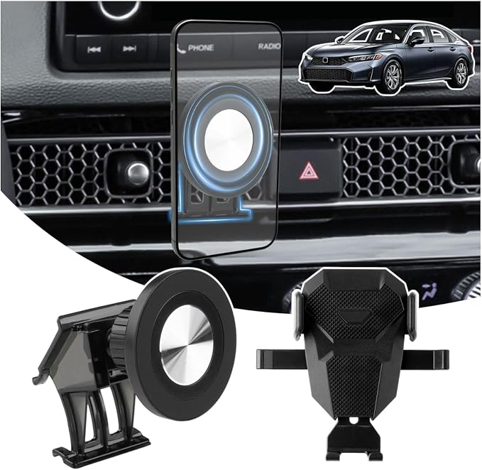 Magnetic Car Cell Phone Holder for Honda Civic 2022-2026 Accessories, Civic Phone Mount for 4-7 Inch Phones, Mobile Stand with 2 Options iPhone Mag Safe & Clip-in