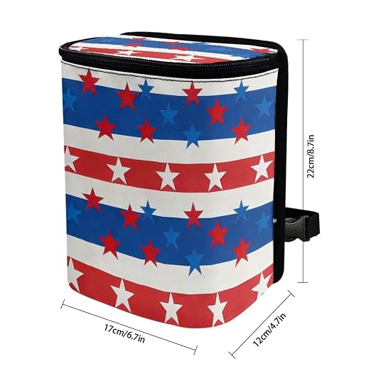 American Flag Star Print Car Trash Can with Lid, 4th of July Leak Proof Auto Trash Bag Hanging Vehicle Garbage Can Multipurpose Storage Container for Back Seat Road Trip