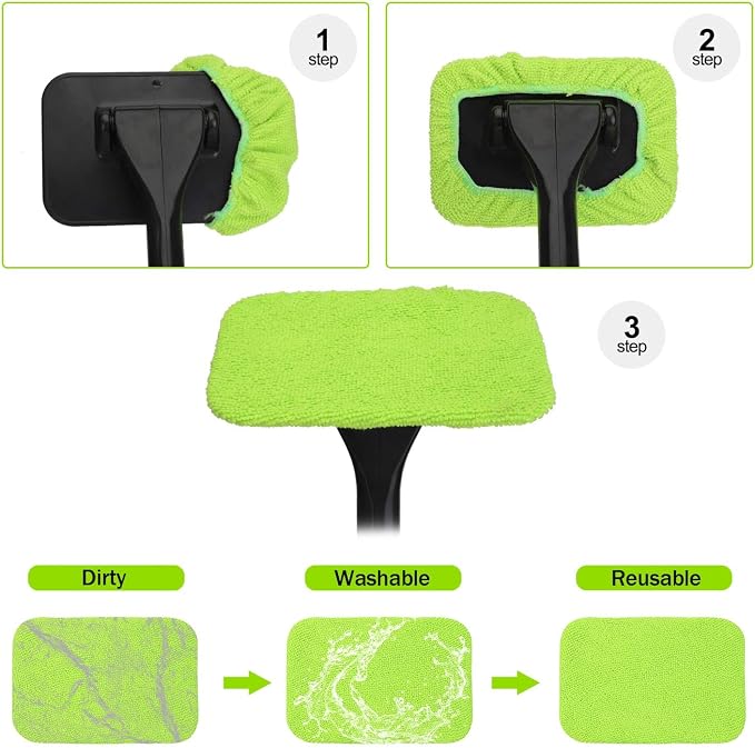 XINDELL Glass Cleaning Combo – 22" Portable Window Cleaner Tool with Ergonomic Handle & Microfiber Pad + 5-Pack Replacement Square Pads for Car Interior/Exterior Glass & Home Windows, Streak-Free Clea