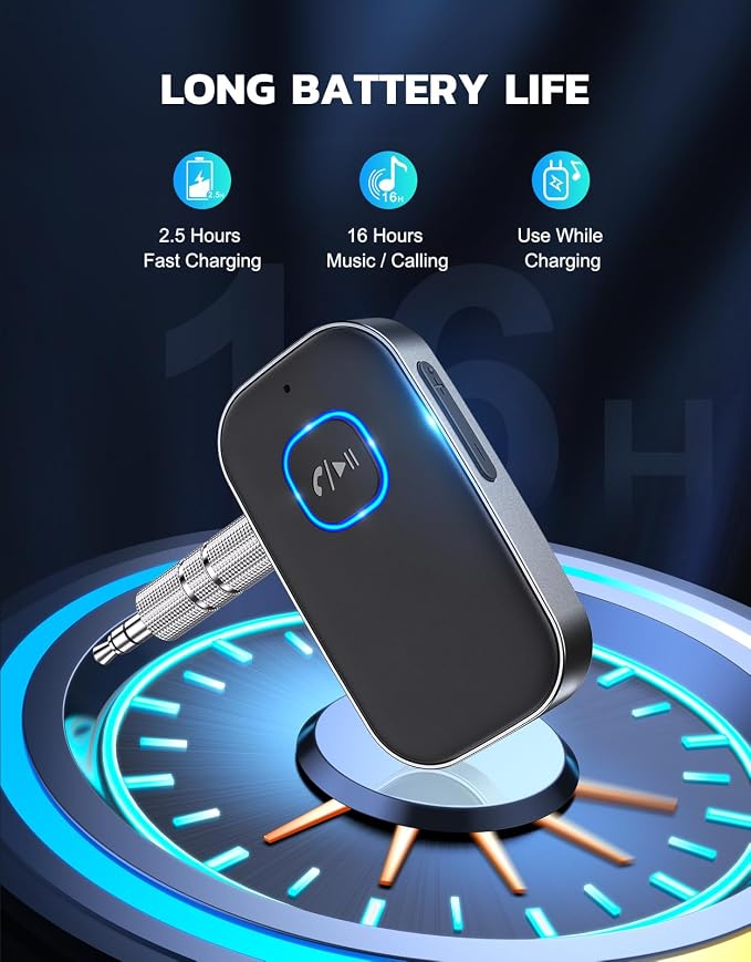 Bluetooth Receiver for Car, Noise Cancelling 3.5mm AUX Bluetooth Car Adapter, Wireless Audio Receiver for Home Stereo/Wired Headphones, Hands-Free Call, 16H Battery Life - Dark Gray