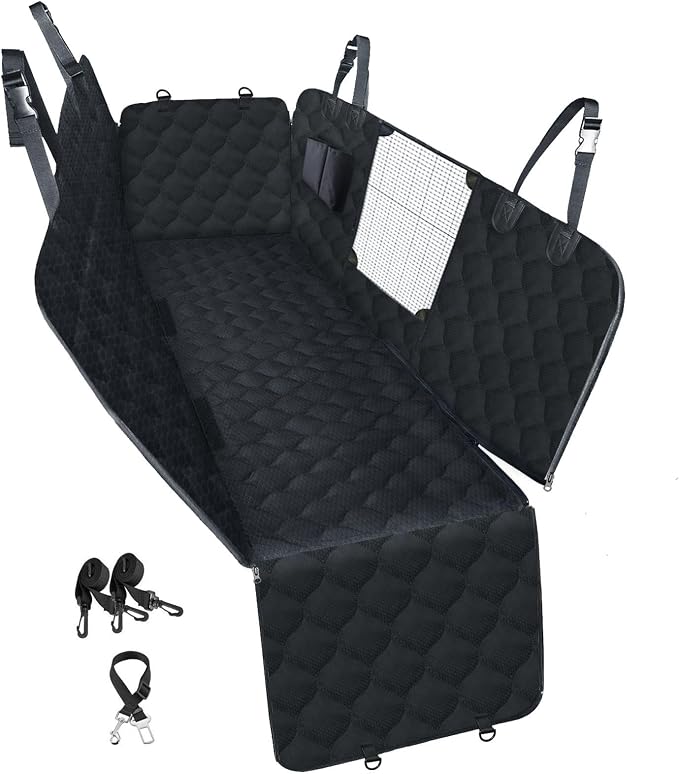 Dog Car Seat Cover with Mesh Window, 100% Waterproof Pet Seat Cover for Back Seat, Scratchproof Dog Hammock for Cars, Trucks, SUVs, Jeeps, Black