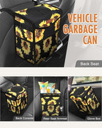 Car Trash Can with Lid, Cute Leakproof Car Trash Garbage Bag Hanging Vehicle Trash Bin Small Portable Automotive Garbage Cans Organizer for Back/Front Seat(Trapezoid,Black Sunflower