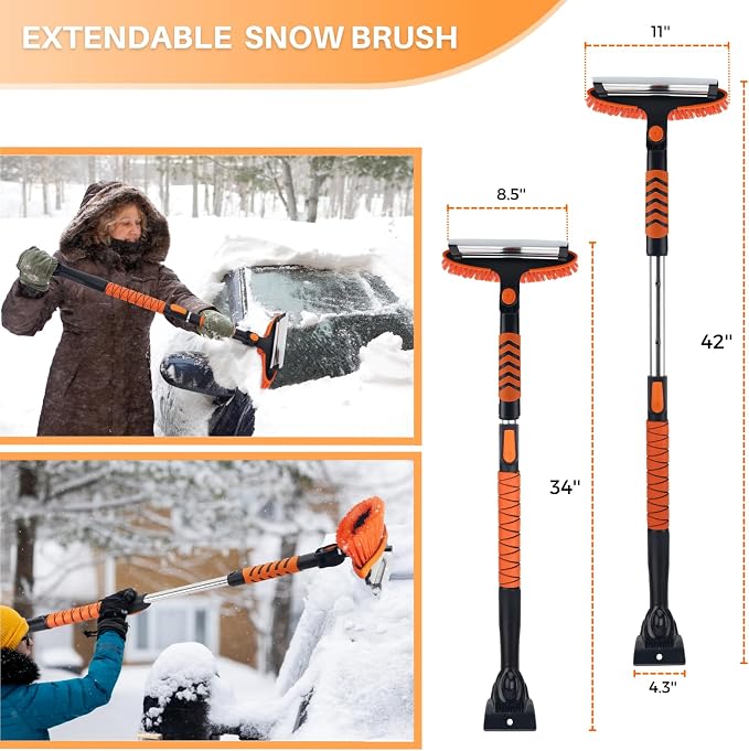 Snow Removal Brush and Ice Scrapers for Car Windshield, 3 in 1 Heavy Duty 42'' Extendable Broom for SUV and Truck Window, Automotive Winter Accessories