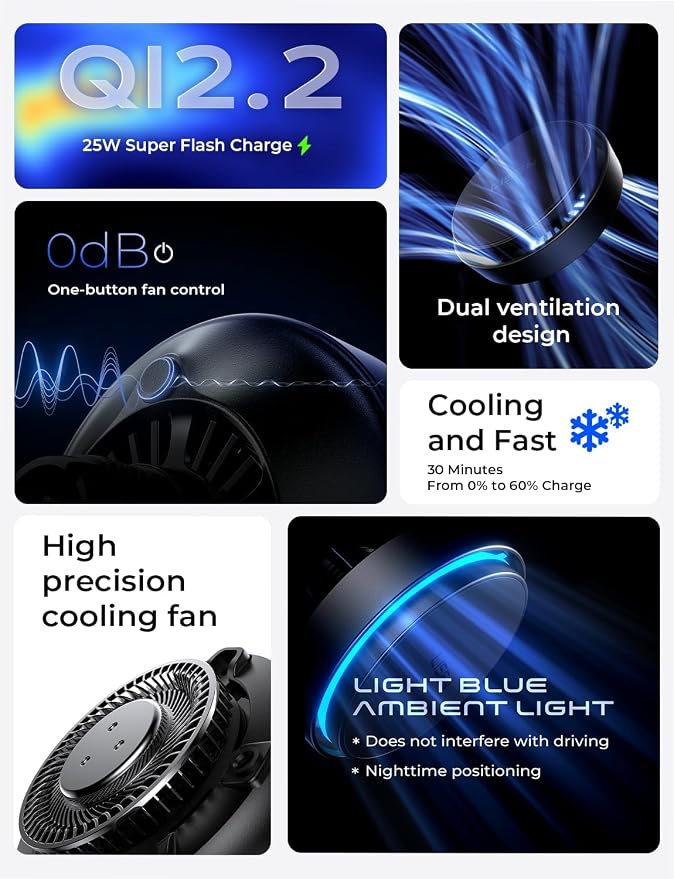 for Qi2.2 25W MagSafe Car Mount Charger，[Smart Cooling Fan＆95W Fast Adapter] Magnetic Wireless Car Charger, Phone Holders for Your Car Accessories for iPhone 17 Pro Max Air 16 15 14 13 12 | [Smart Cooling Fan] Magsafe Car Mount Charger, [Qi2 25W...