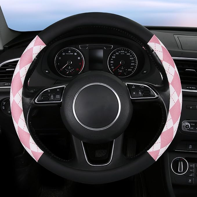 Lattice Car Steering Wheel Cover Microfiber Leather Non-Slip Comfort Universal 15 inch Checkered Plaid Wheel Protector for Truck, SUV, Cars (Pink)