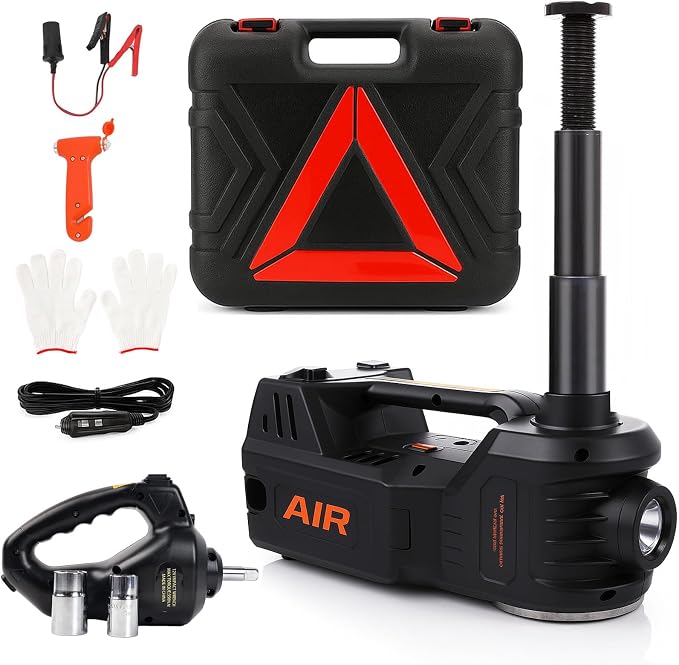 Electric Car Jack Kit 5 Ton 12V Hydraulic Floor Jack with Impact Wrench and Tire Inflator Pump Lift Jack with LED Light for SUV Sedan Truck Road Emergency Tire Change