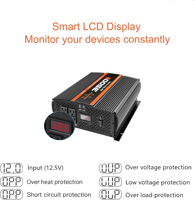 3500W Pure Sine Wave Inverter 12V to 120V with 4 Power Outlets for RV Solar Power