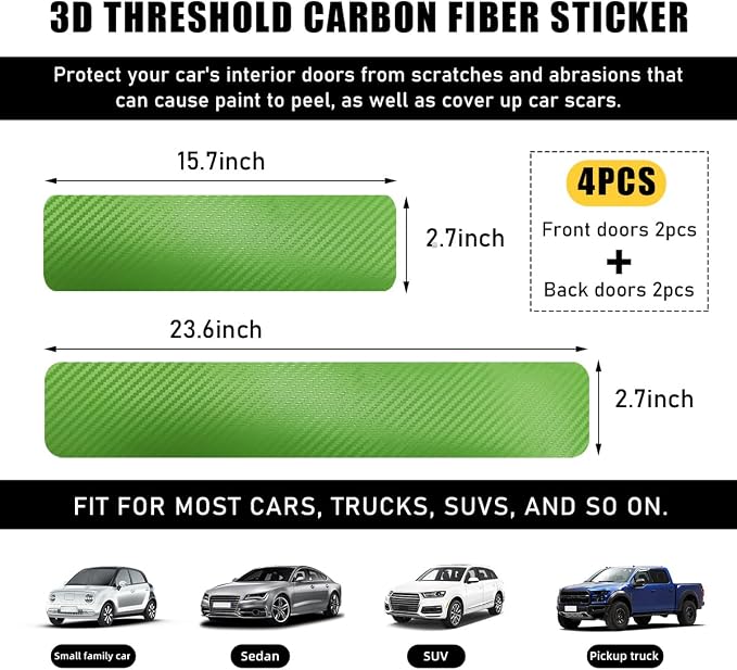 4 PCS Car Door Sill Protectors, Anti Scratch Carbon Fiber Auto Threshold Cover Strips, Decorative Door Entry Edge Scuff Sticker Universal for Most Vehicles, Car Accessories (Green 3D)