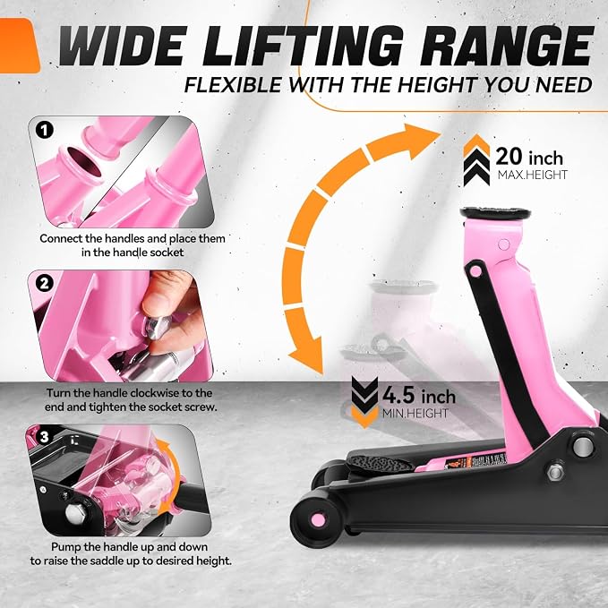4 Ton Low Profile Floor Jack, Heavy Duty Steel Hydraulic Car Jack with Dual Pistons Quick Lift Pump, Hydraulic Racing Floor Jack, Lifting Range 4.5" to 20", Pink