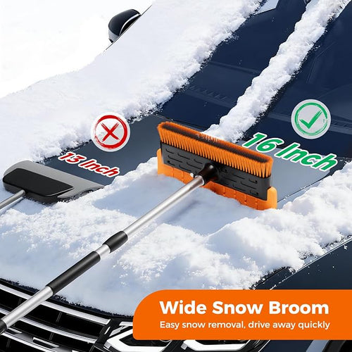 16" Large Snow Brush for Car Windshield,Non-Scratch Snow Scraper,55" Extendable Snow Broom with Foam Grip,Snow Remover for Cars, Truck, SUV (Orange, 16 inch)