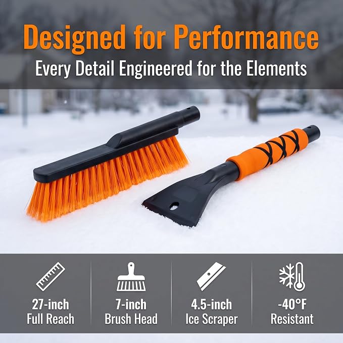 A 27-inch Car Snow Removal Brush and ice Scraper Featuring a Two-in-one Detachable Design and an Ergonomic Foam Handle is Suitable for Sedan Truck and SUV Models