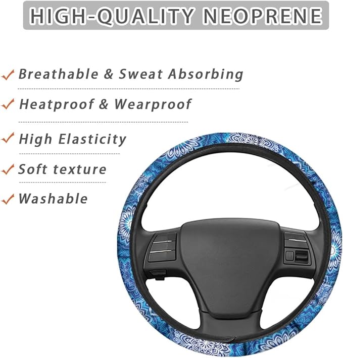 Elastic Steering Wheel Cover Non-Slip Protection for Women Men | Comfort Anti-slip Safety Stretch-on 14-15 inch, Blue Boho Flower Easy Fix Machine Washable Steering Wheel Protection