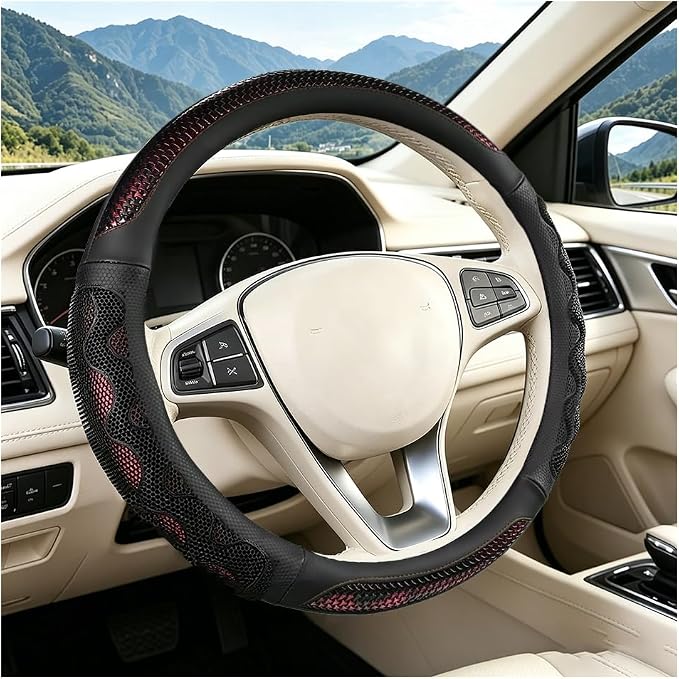 Car Steering Wheel Cover, 14.5-15" Anti-Slip Steering Wheel Protector with 3D Honeycomb Massage Grip, Comfortable Auto Interior Decor Accessories, Universal for SUV Van Truck (Black/Red)