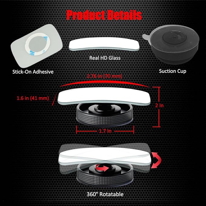 Suction Cup Blind Spot Mirror, HD Glass Frameless Removable Convex Wide Angle Rear View Mirror (Rectangular, Pack of 2)