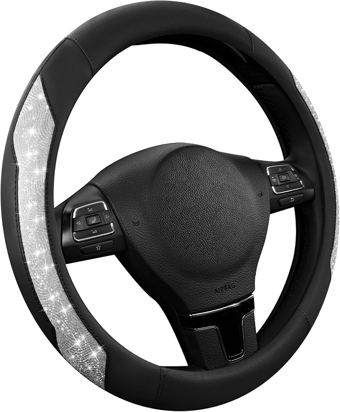 Steering Wheel Cover, Silver Sparkly Crystal Bling Glitter with Leather, Universal Fit 14.5"-15.5" Car Steering Wheels for Girls & Women, Anti-Slip Wheels Cover for Cars, Trucks, Van, SUVs