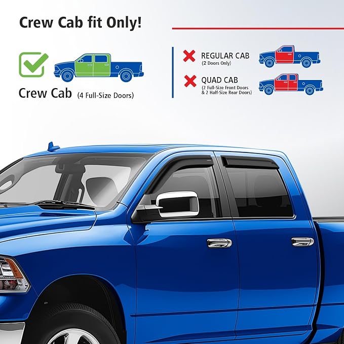 Goodyear Shatterproof Window Deflectors for Dodge Ram 1500 2009-2018 Crew Cab, Tape-on Rain Guards, Window Visors, Vent Deflector Visor, Car Accessories, 4 pcs. - GY008884