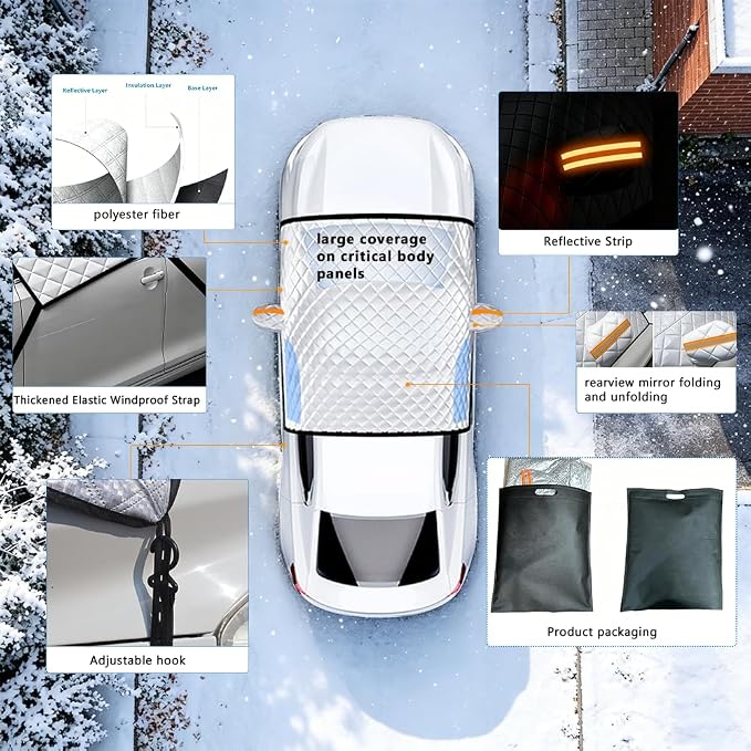Car Windshield Snow Sun Cover ， 112x87Inches | Extra large thickened reflective strips, all season indoor outdoor, protects windshield wipers door handles side mirrors