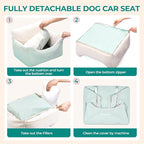 BurgeonNest Dog Car Seat for Small Dogs, Detachable and Washable Cat Carseats Under 25 lbs, Soft Pet Booster Seats with Storage Pockets and Clip-On Leash Portable Car Travel Carrier Bed, Beige Green