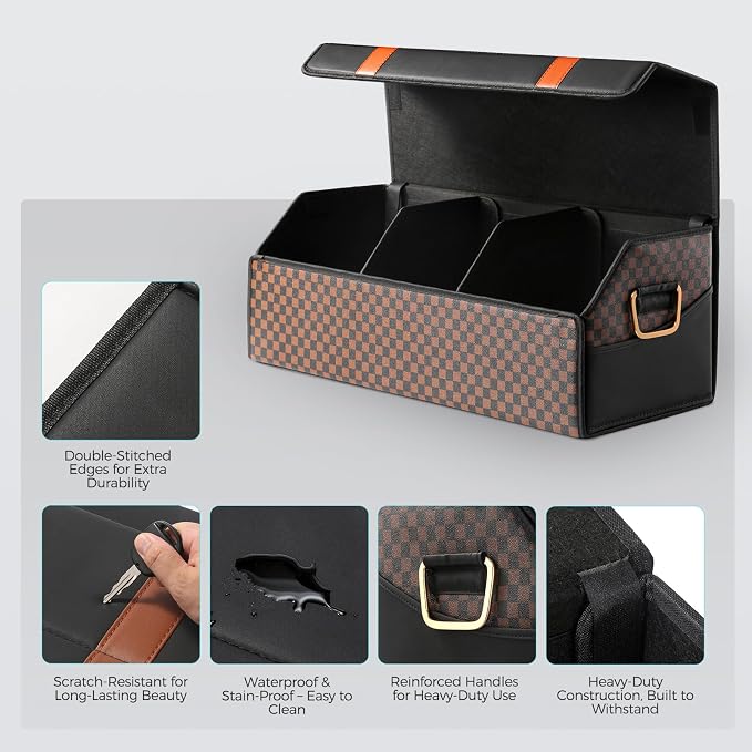 Car Trunk Organizer for SUV and Sedan, Orange‑Stripe Plaid, 29.5 in | Dual‑Material Dual‑Tone Craft, Extra Large, Leather Storage Box, Magnetic Lid, Collapsible & Adj, Water‑Resist & Dust‑Proof