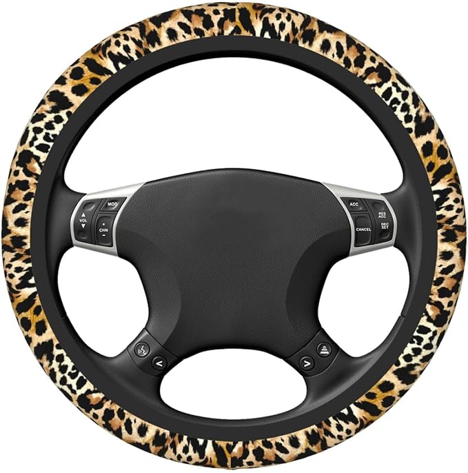 Leopard Print Neoprene Steering Wheel Cover Anti-Slip Elastic Cheetah Print Steering Wheel Protector 15in Universal Car Accessories Fit Cars, SUVs, Auto