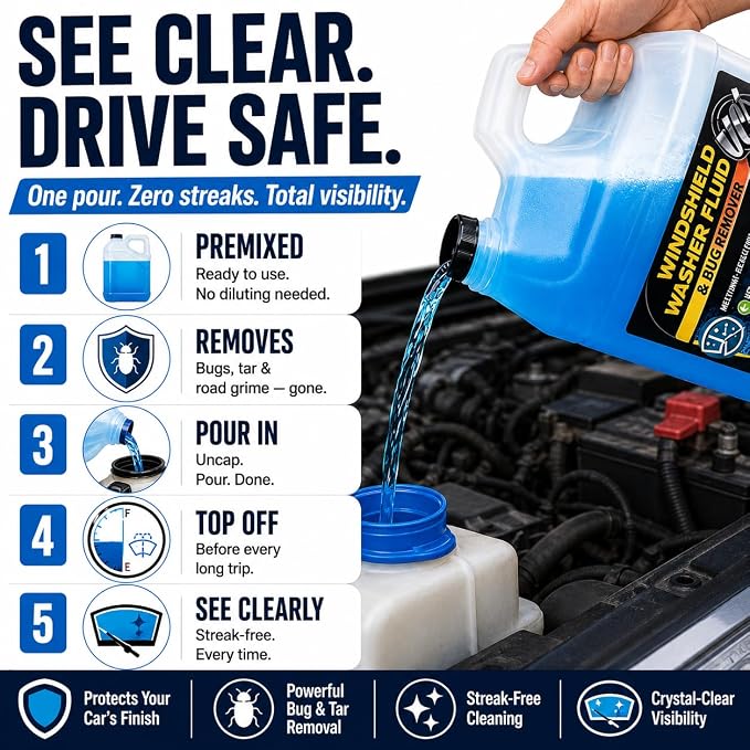 Windshield Washer Fluid 2-in-1 Bug Remover – Ready to Use Formula – Streak-Free Cleaning – Removes Dirt & Road Grime – 1 Gallon (128 fl oz) Methanol-Free