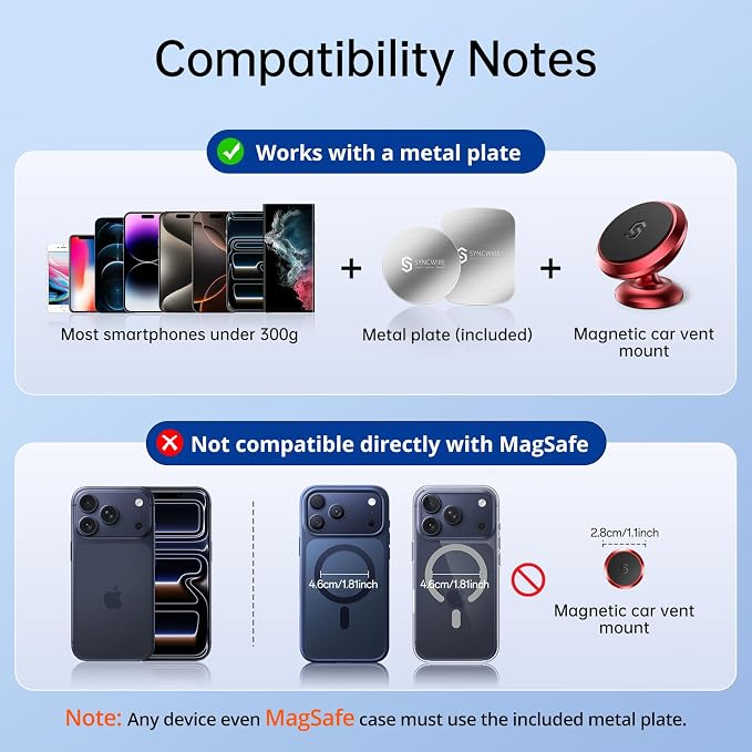 Magnetic Car Phone Holder for Dashboard, 360° Adjustable Strong Magnets Cell Phone Car Mount Compatible with iPhone, Samsung, Android - Red