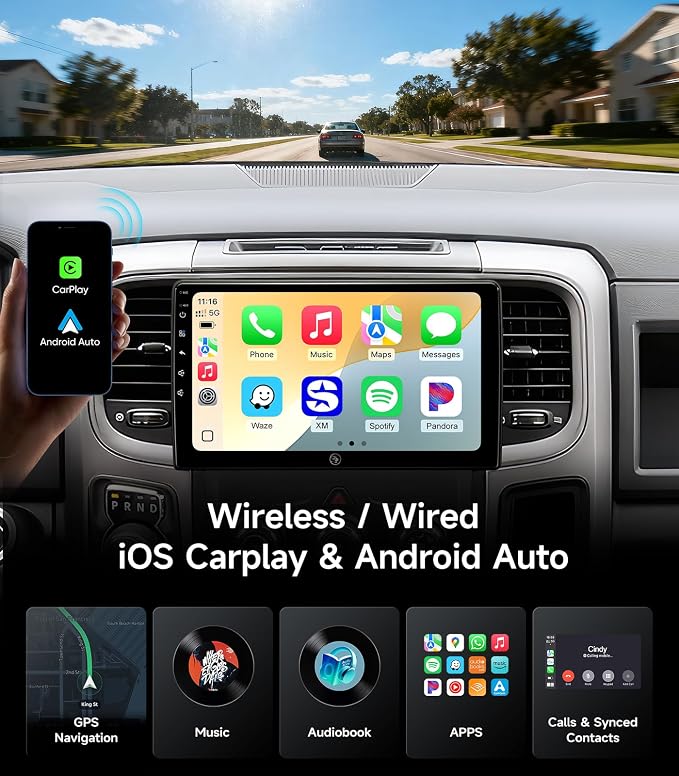 Car Radio Stereo for Dodge Ram 1500 2500 3500 13-18, CarPlay Android Auto | 10.2-inch HD touchscreen, 64G storage, 5G WiFi GPS, wireless phone link, Bluetooth FM AM SWC, plug-and-play, HD backup camera