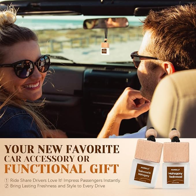 Car Air Freshener Hanging 2 Pack, Teakwood & Mahogany Essential Oil Diffuser for Car, Cute Air Fresheners, Long-Lasting Fragrance, Car Air Fresheners for Women & Men Gift
