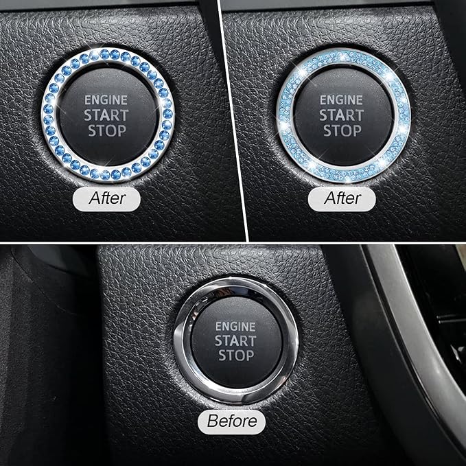 Car Bling Crystal Rhinestone Engine Start Ring Stickers, 1 Single Drainage Drill and 1 Double Drainage Drill Car Start Button Cover, Key Ignition Knob Bling Ring Decals, Car Accessories(Set Blue)