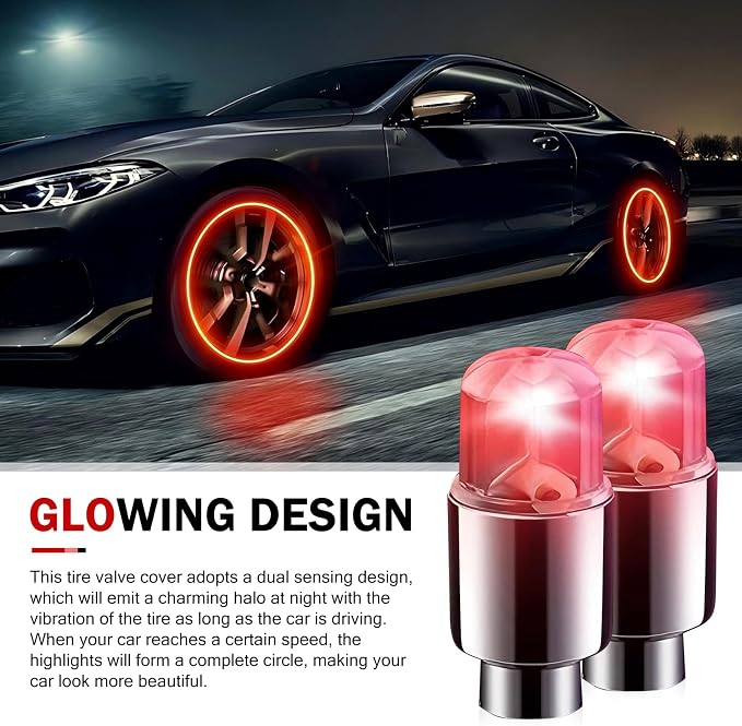 6 PCS LED Tire Valve Stem Cap Lights, 360 Degree Visibility Rotating Flash, Waterproof Wheel Lights for Trucks, Cars, SUVs (Red)