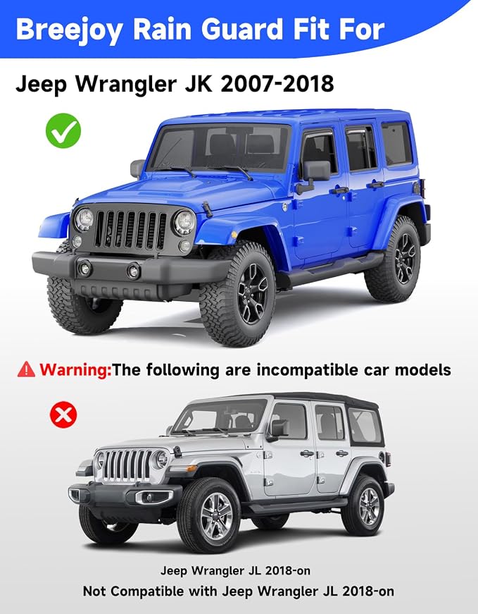 in-Channel Window Visors Rain Guards Fit for Jeep Wrangler JK 2007-2018, Window Rain Guards Vent Visors, Window Deflector Vent Shades for Jeep Wrangler JK 07-18, Car Accessories -4 pcs