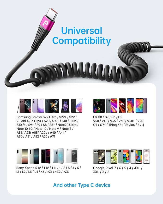 USB A to USB C Cable for Car, 2Pack 3FT Coiled USB C Cable Fast Charging, USB Type C Charging Cord Compatible with iPhone 17/16/15 Pro Max/Samsung Galaxy S20 S10 and More USB C Devices-Rose Red